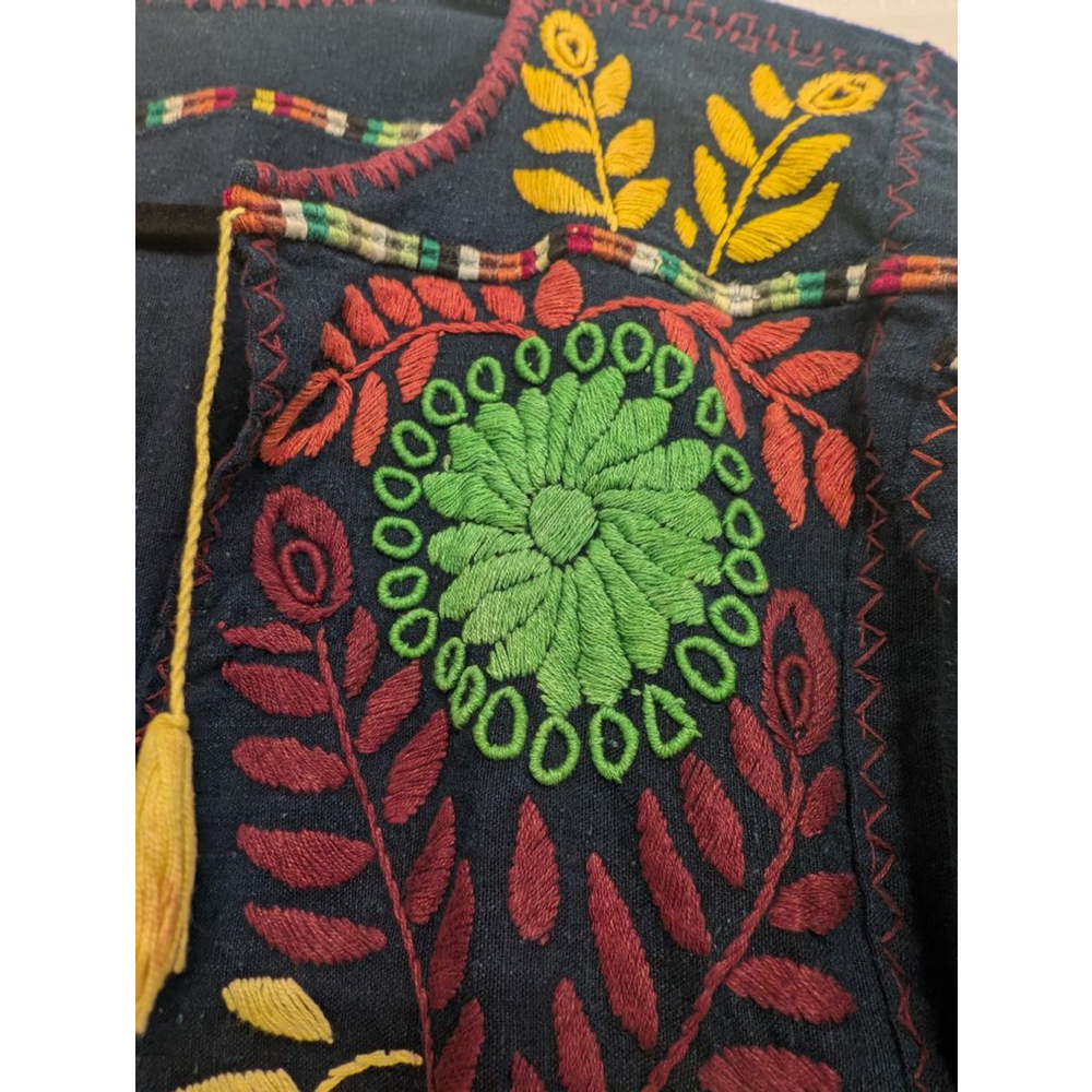 Vintage Indigo Boho Otomi Embroidered Floral Tassel Artisanal Ethnic Hippie Top - Picture 4 of 8